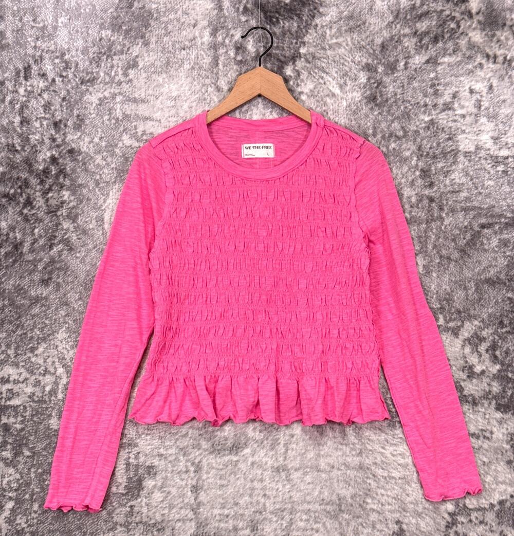 New Free People Top Large Womens Pink Smocked Long Sleeve Peplum